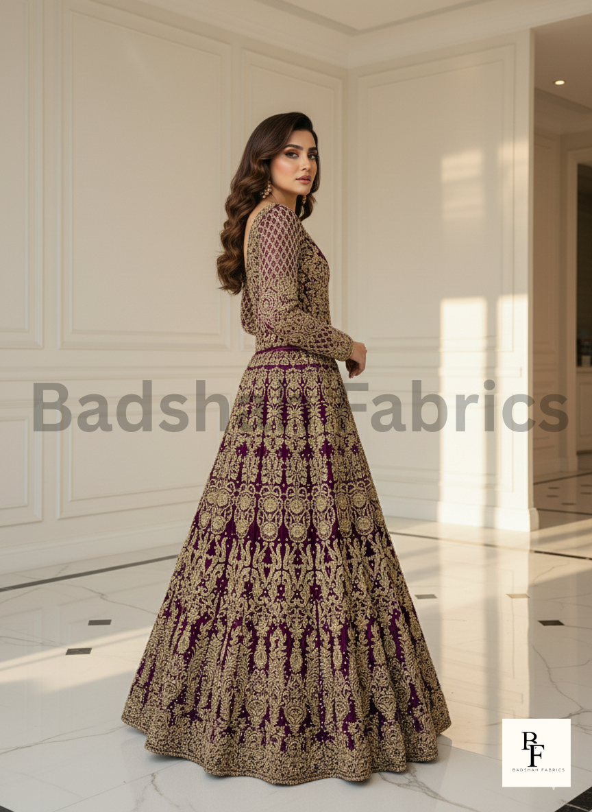 badshah fabrics – shahi bridal couture royal plum / deep maroon bridal lehenga gown badshah fabrics – shahi bridal couture royal plum / deep maroon bridal lehenga gown